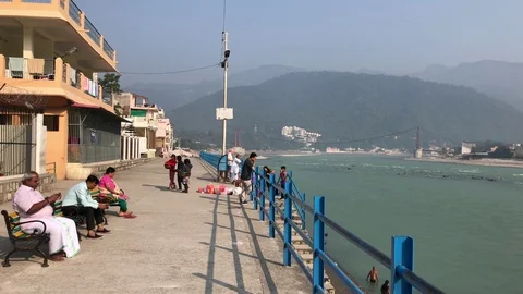 View of the Holy Ganges River from the holy city of Rishikesh Stock-Footage 120280426