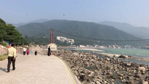 View of the Holy Ganges River from the holy city of Rishikesh Stock-Footage 120280688