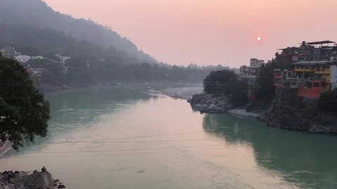 View of the Holy Ganges River from the holy city of Rishikesh Stock-Footage 120280761