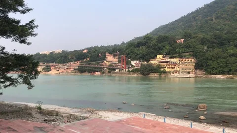 View of the Holy River Ganges from the holy city of Rishikesh Stock Footage 120267439