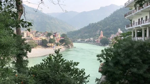 View of the Holy River Ganges from the holy city of Rishikesh Stock Footage 120270057