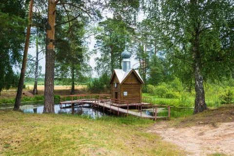 View of the Holy spring of St. Tikhon of Lukh in a summer day, village Timiry Stock Photos