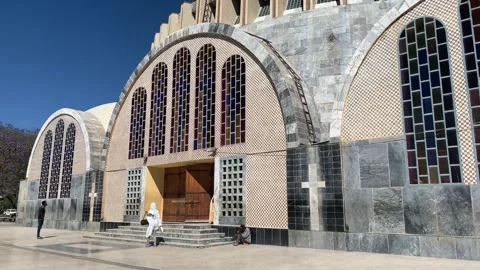 View of the Holy Trinity Cathedral facade with stained glass, Ethiopia. Video stock 343876723