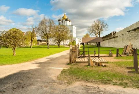 View of Holy Trinity Cathedral in the Pskov Krom or Pskov Kremlin, Russia Stock Photos