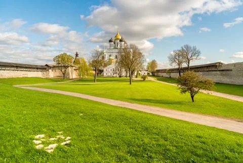 View of Holy Trinity Cathedral in the Pskov Krom or Pskov Kremlin, Russia Stock Photos