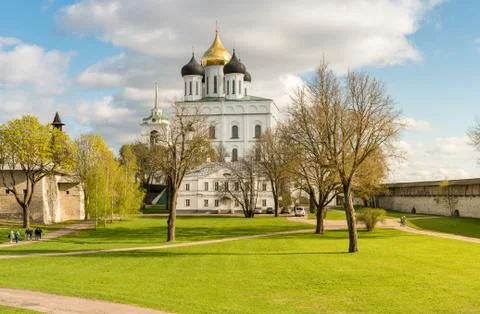 View of Holy Trinity Cathedral in the Pskov Krom or Pskov Kremlin, Russia Stock Photos