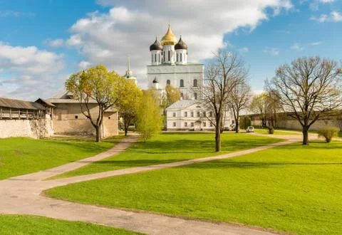 View of Holy Trinity Cathedral in the Pskov Krom or Pskov Kremlin, Russia Stock Photos