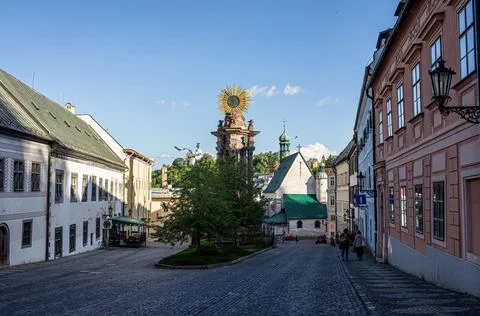 View of the Holy Trinity Square in Banska Stiavnica,Slovakia. Stock Photos