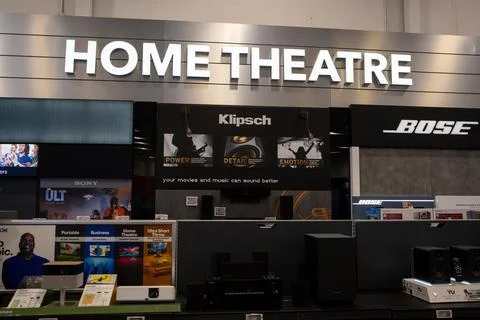 View of home theatre section inside electronics store. Toronto, Canada - August Stock Photos