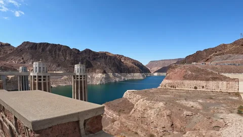 A view of the Hoover Dam intake towers and the blue water of Lake Mead agains-45 Stock-Footage 346411331