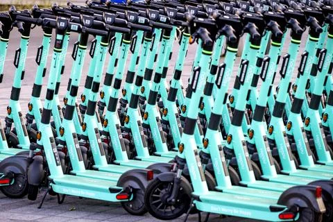View on Hoppy shared dockless scooters Stock Photos