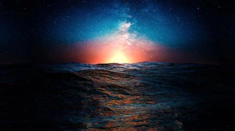 View of the horizon between restless water surface and a starry night sky Stock Illustration