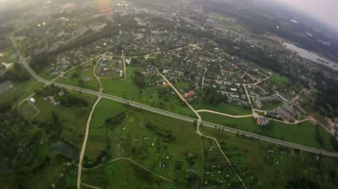 View from hot air balloon at small city on morning Stock Footage 1016574