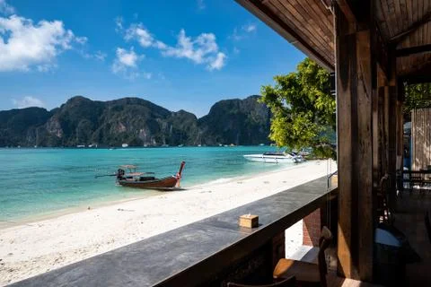 View from the hotel restaurant to the Pih Phi don island bay. Stock Photos