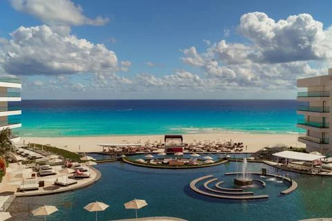 View from the hotel window to the beach in Cancun Stock Photos
