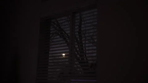 View from the house inside at full moon through window with blinds. Close up 库存影片 304020033