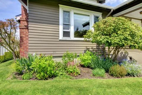View of the house side wall with window and flower bed Stock Photos