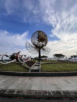 View of the housing complex and its iconic steel ball statue, Stock Photos