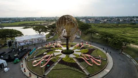 View of the housing complex and its iconic steel ball statue Stock Photos