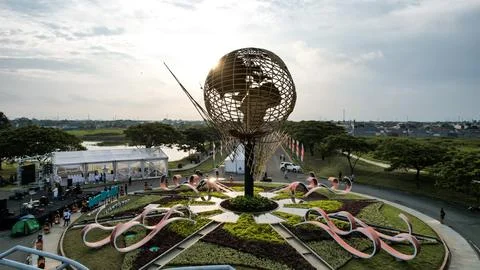 View of the housing complex and its iconic steel ball statue Stock Photos