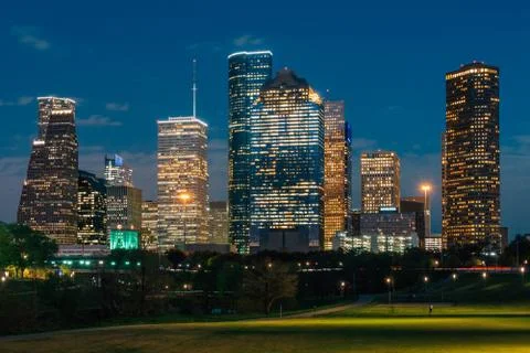 View of the Houston skyline at night from Eleanor Tinsley Park, in Houston, T Stock Photos