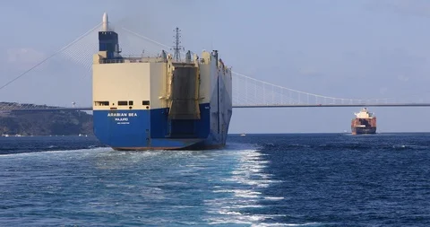 A view of huge container ship in the Bosphorus Stock Footage 102175204