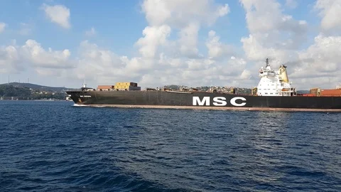 A view of huge container ship in the Bosphorus Stock Footage 104129181
