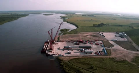 View of the huge cranes on the river pier Stock Footage 138225180
