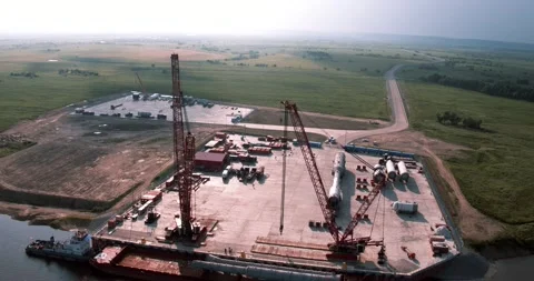 View of the huge cranes on the river pier Stock Footage 138225340