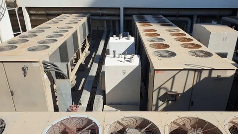 View of a huge group of air conditioning on a roof. Stock Footage 128922531