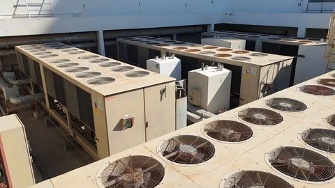 View of a huge group of air conditioning on a roof. Stock Footage 128922965