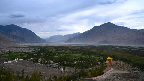 View of Hundar sand dune from Diskit monastery Stock-Footage 113596902