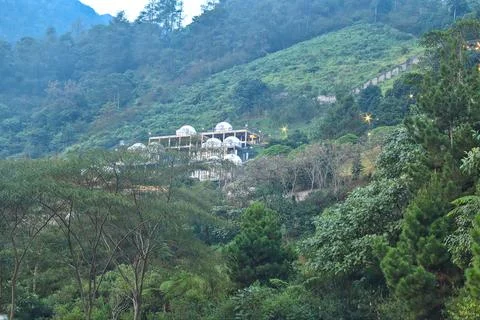 View of huts built on hills with a view of shady trees. Stock Photos