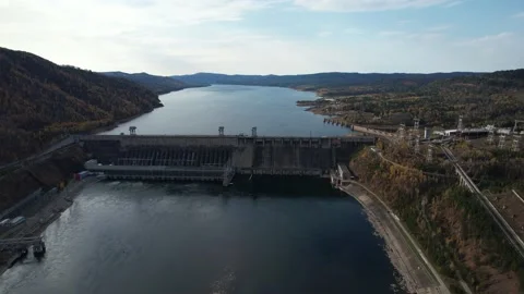 View of the hydroelectric dam Stockbeeldmateriaal 219345799