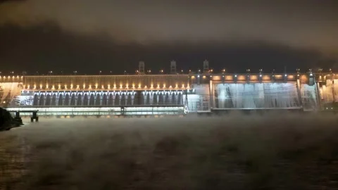 View of the hydroelectric dam on the river Stock Footage 167573045