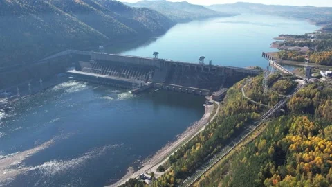 View of the hydroelectric dam on the river 動画素材 213225693