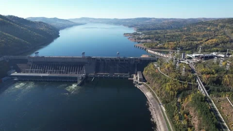 View of the hydroelectric dam on the river 動画素材 213227648