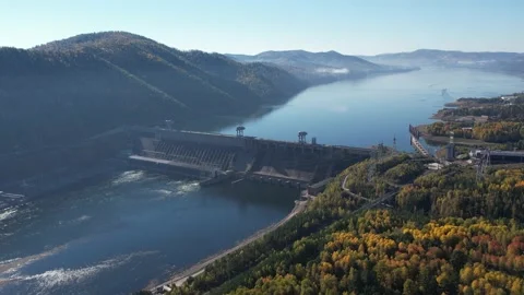 View of the hydroelectric dam on the river 動画素材 213229774