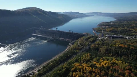 View of the hydroelectric dam on the river 動画素材 213232907