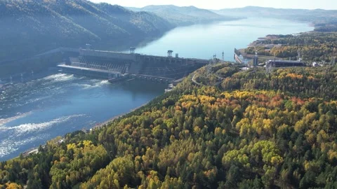 View of the hydroelectric dam on the river 動画素材 213235414