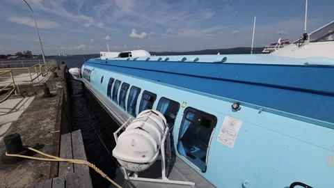 View of a hydrofoil boat docked at a pier in Russia. Stock-Footage 343678573