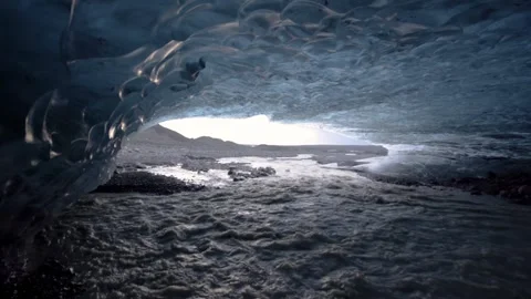 View from ice cave glacial river on missing glacier due to climate change Stock Footage 260599610