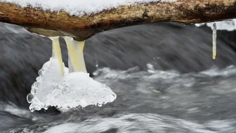 View of ice formations on a branch in Delsjo Nature Reserve, Sweden. Stock Footage 339916915