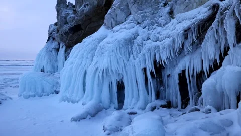 View of ice formations on rocks at Lake Baikal, Russia. Video stock 343672669