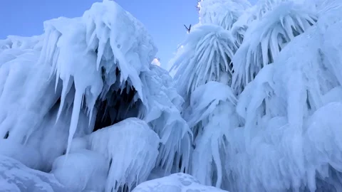 View of ice formations on the shores of Lake Baikal, Russia. Video stock 343672755