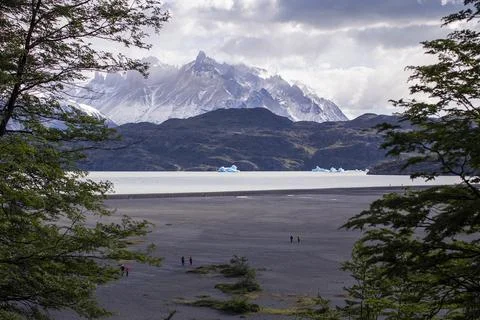 View of Icebergs and Cerro Paine Grande in Patagonia Stock Photos