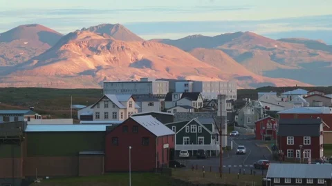 A view of the Icelandic town surrounded by mountains. Andreev. Stock Footage 77976489