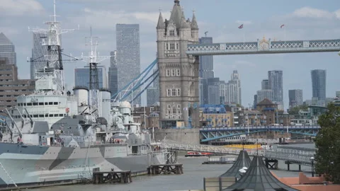 A view of the iconic tourist sites near the Tower Bridge in London. Stock Footage 309154950