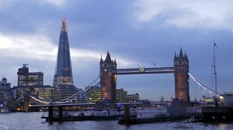 View of the iconic Tower Bridge and the Shard Stock Footage 59056599