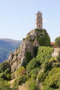 View of  iconic tower clock in Arachova village in Greece Stock Photos